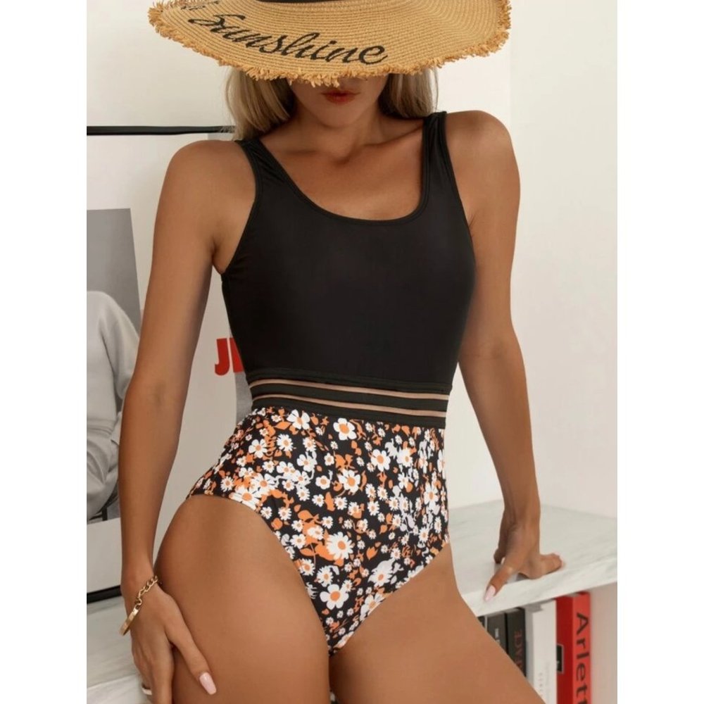 NEW Floral Print Mesh Inset One Piece Swimsuit S